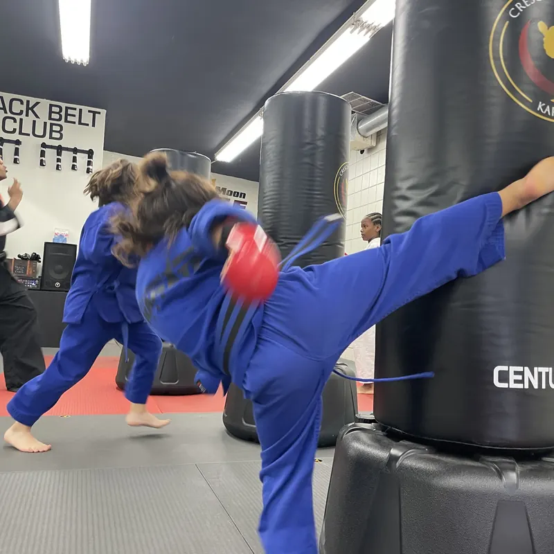 A student in a blue gi throws a high kick at a training bag